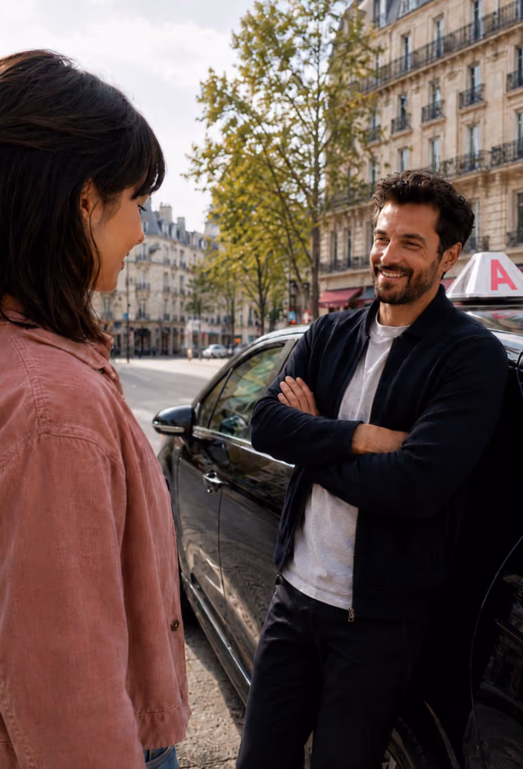 Moniteur lePERMISLIBRE souriant avec son élève devant la voiture