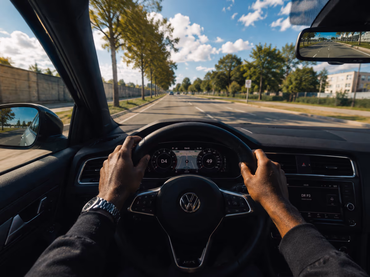 Les mains d’un conducteur sur le volant, sur une route dégagée