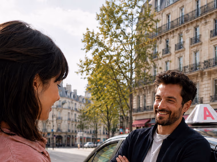 Un moniteur diplômé d'État discute avec son élève dans une rue