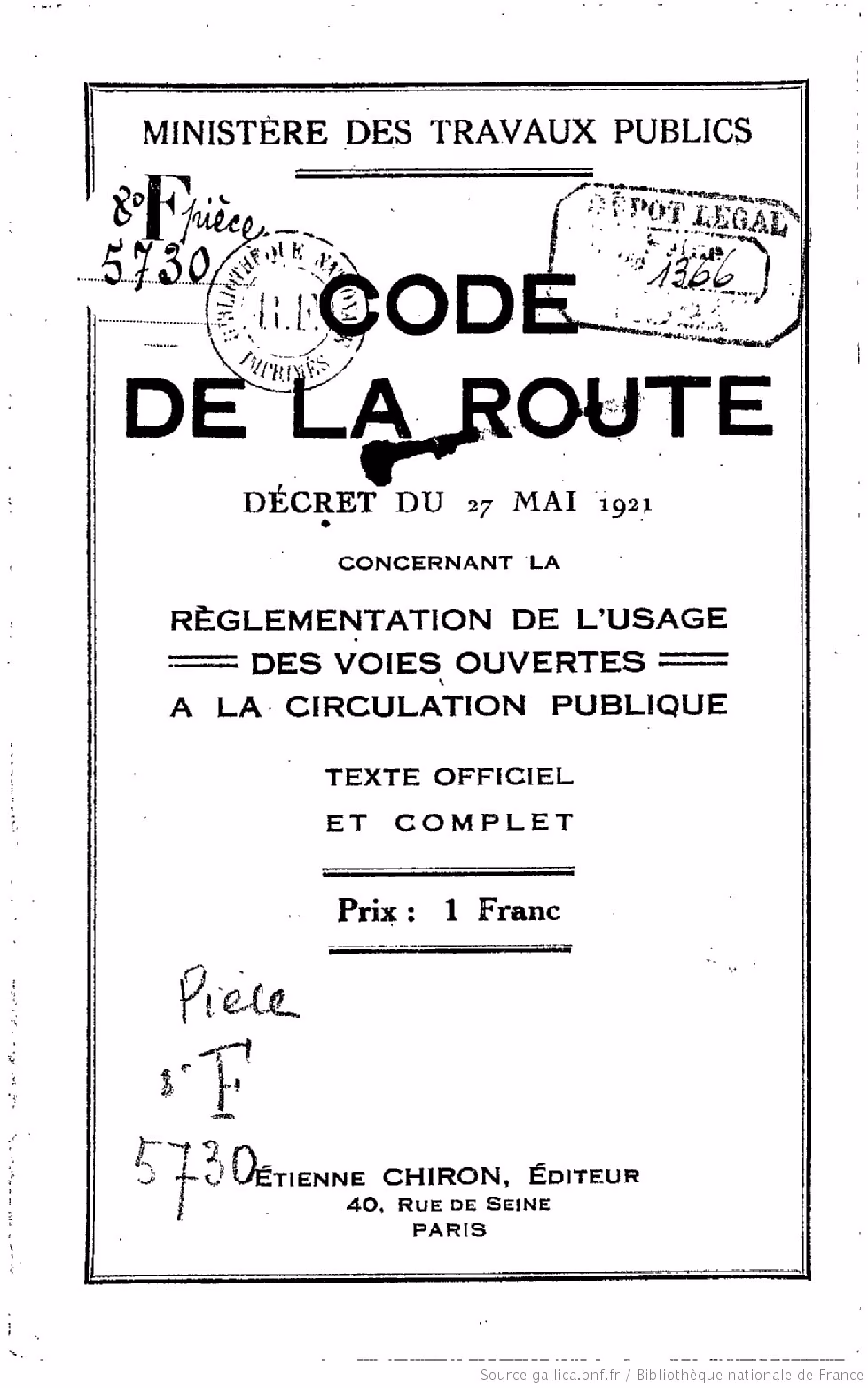 Décret d’origine du code de la route (document d’archive)