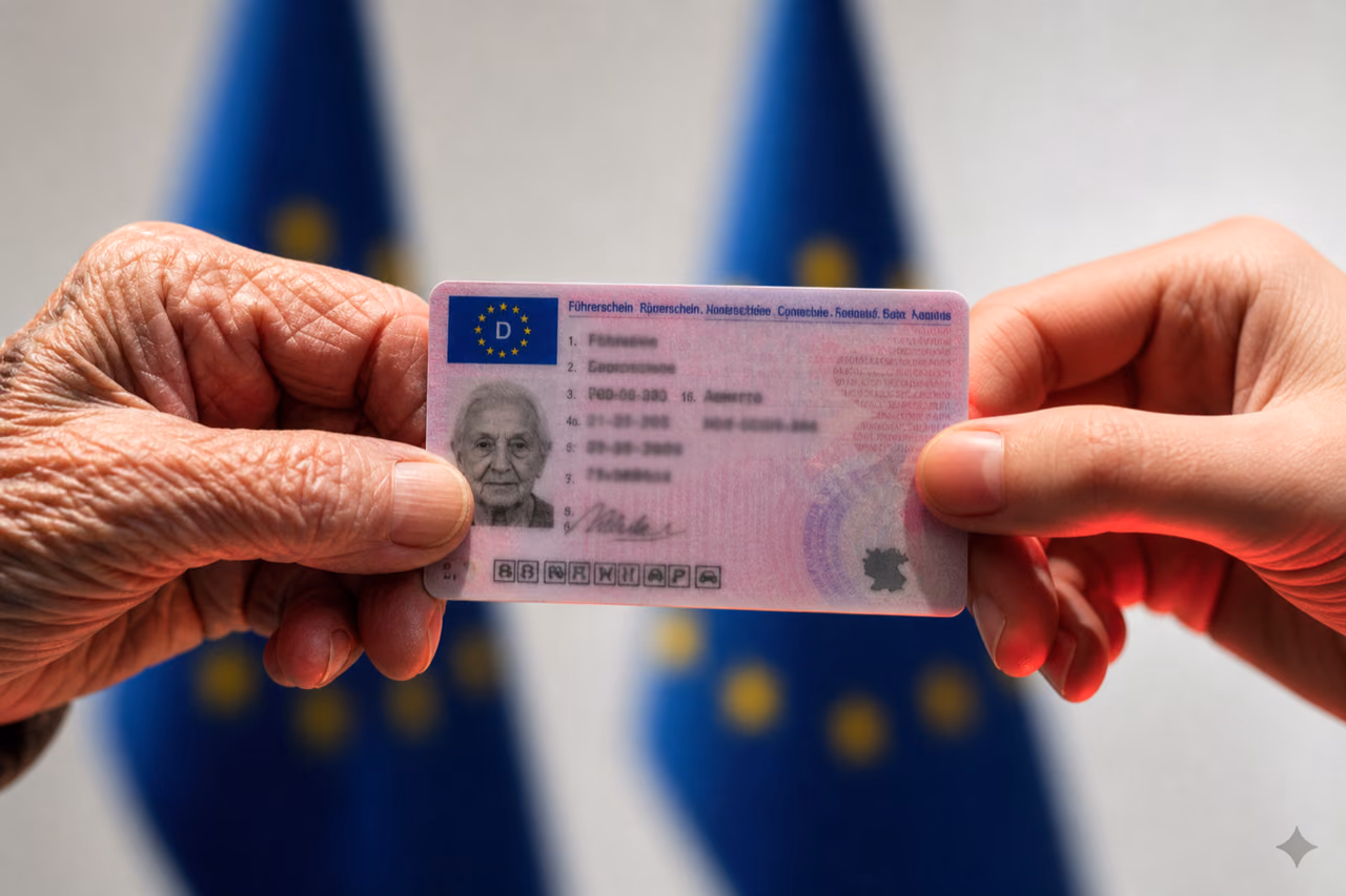 Deux mains de générations différentes tenant un permis de conduire européen, symbole de la réforme sur la fin du permis à vie