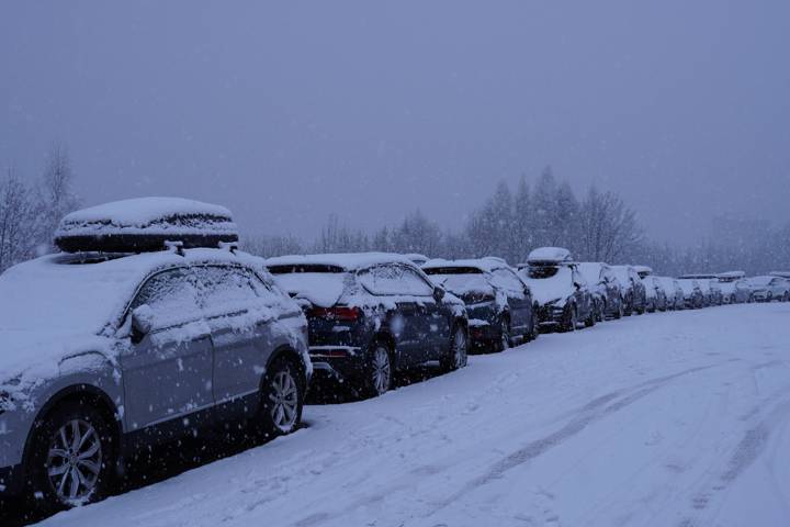 Voitures couvertes de neige garées en file sous une chute de neige