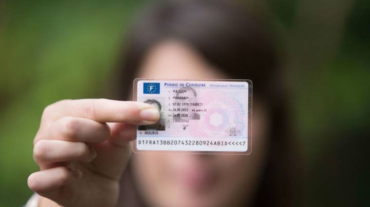 Une personne tient devant elle un permis de conduire français au format carte